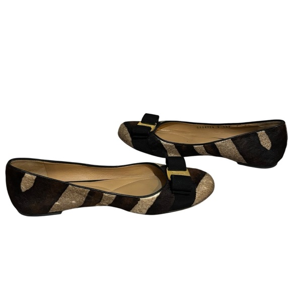 Salvatore Ferragamo ballet flats Varina calf hair tan brown stripe bow 6 US - Picture 6 of 11